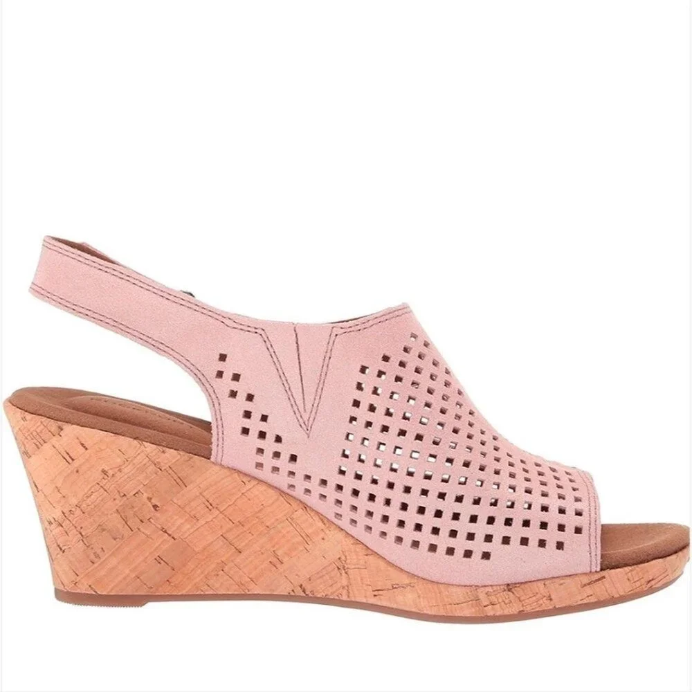 ROCKPORT Briah Perforated Slingback Cork Wedge Leather Sandal Pink Shimmer 9 NEW